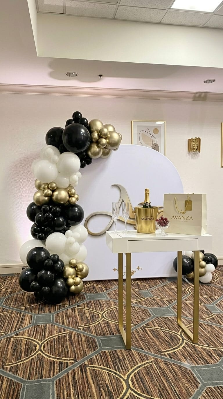Avanza soirée set — branded champagne arch